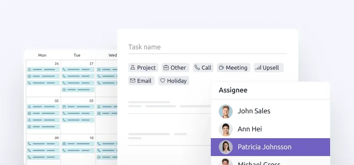Task management screen with categories like project, meeting, and holiday, along with assigned team members.