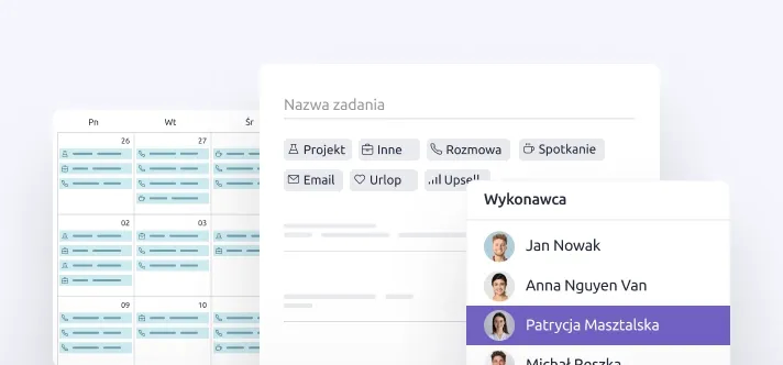 Ekran zarządzania zadaniami z kategoriami, takimi jak projekt, spotkanie i urlop, oraz przypisanymi członkami zespołu.