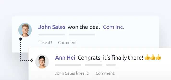 Interface showing team communication with comments on a closed deal and congratulatory messages.