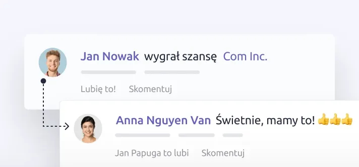 Interfejs pokazujący komunikację zespołową z komentarzami dotyczącymi zamkniętej transakcji i wiadomościami z gratulacjami.
