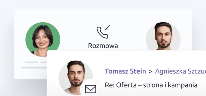 Interfejs wyświetlający listę połączeń przychodzących i e-maili z danymi kontaktowymi i podglądem wątku wiadomości.