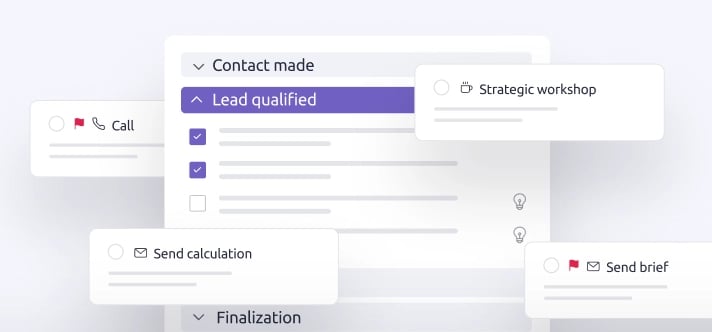 A simplified visual of Livespace sales process features, including checklist, reminders, tasks