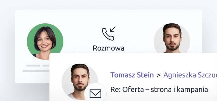 Poglądowy, uproszczony widok interface pokazujący informację o email i rozmowie telefonicznej