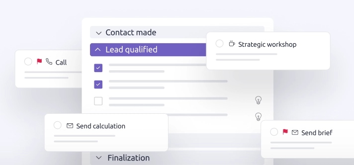 A simplified visual of Livespace sales process features, including checklist, reminders, tasks