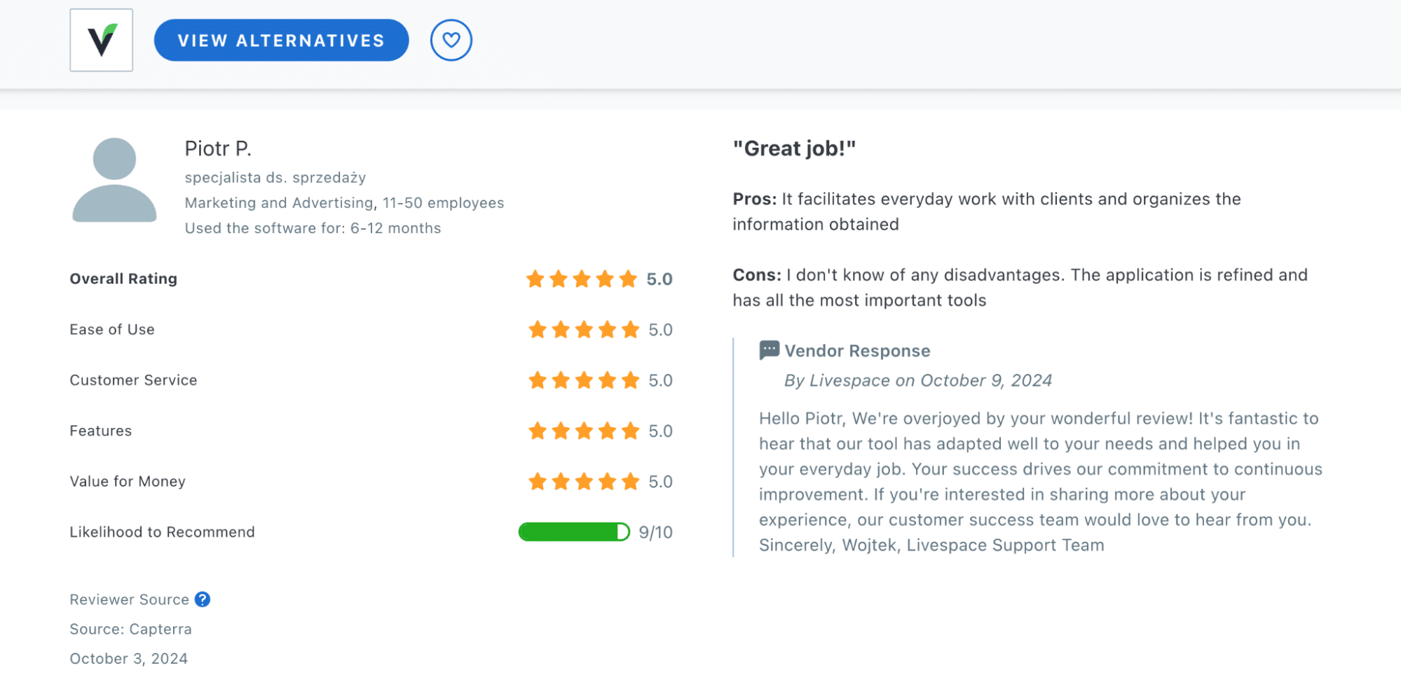 jak wybrać CRM; opinia o Livespace na Capterra