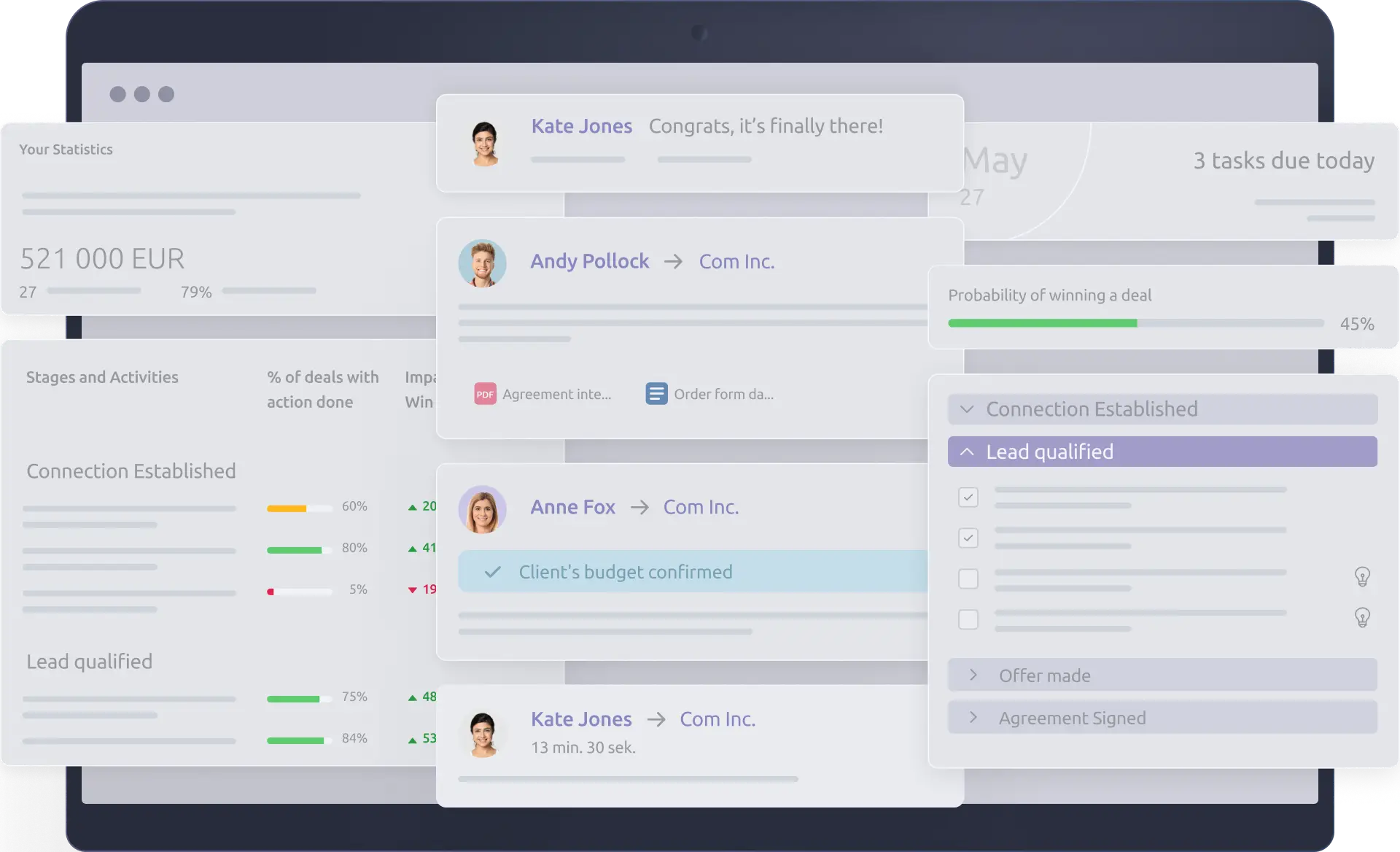 Duży kompozyt hero UI Livespace po angielsku: panel "Your Statistics" z kwotą 521 000 EUR, feed aktywności (Kate Jones: "Congrats, it's finally there!"), "3 tasks due today", pasek "Probability of winning a deal 45%" i checklista etapów (Connection Established, Lead qualified, Offer made, Agreement Signed).