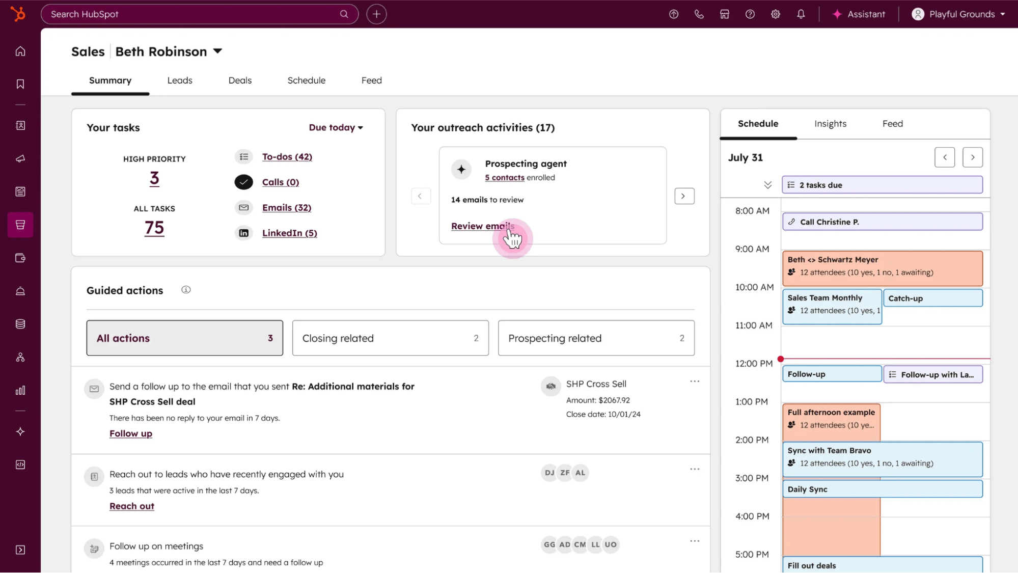 Pulpit HubSpot crm dla handlowca prezentujący zadania sprzedażowe, maile i harmonogram działań.