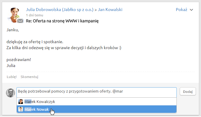 wewnętrzna komunikacja zespołu w systemie CRM poprzez wzmianki i komentarze