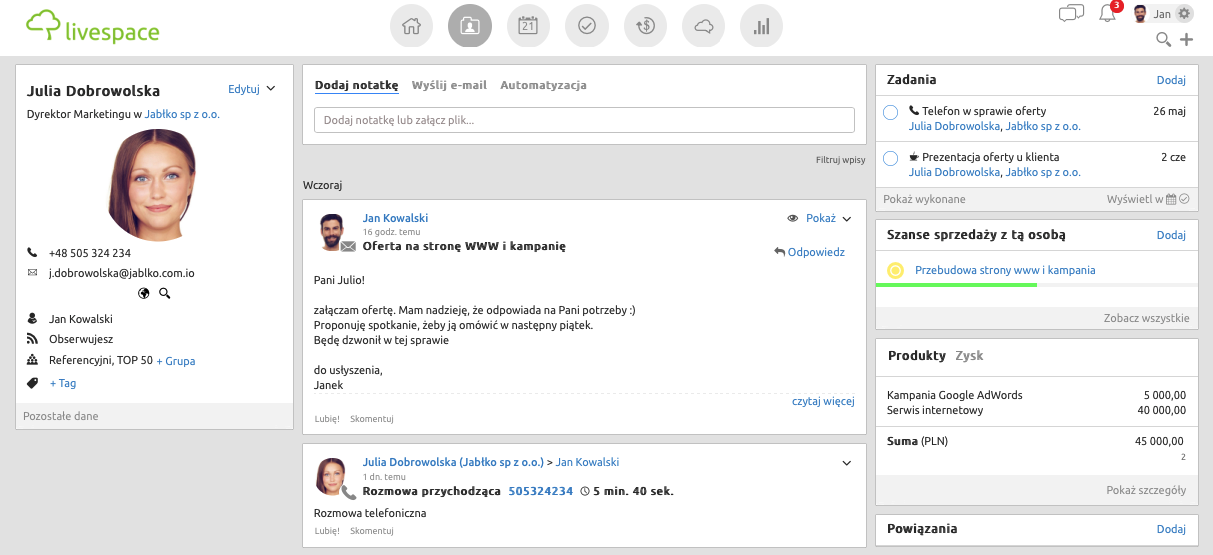 Livespace CRM komunikacja między działami