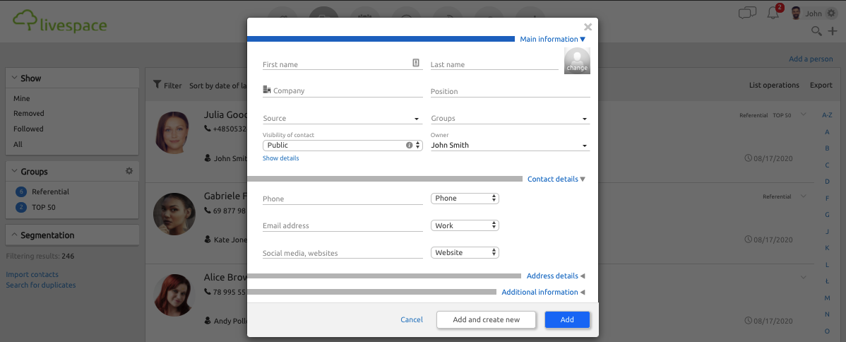 The view of adding a new contact in Livespace 