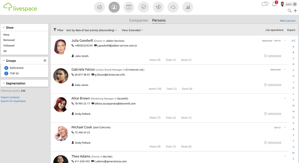 A view of customers and their manager in a CRM system