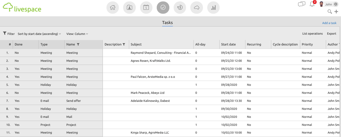 A view of searching for a task, person, company, or sales opportunity