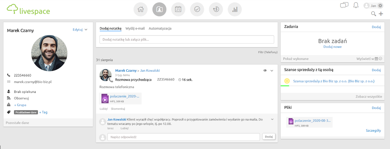 Możliwość podsumowania rozmowy notatką i odsłuchu rozmowy z profilu klienta w CRM (Datera, Focus) 
