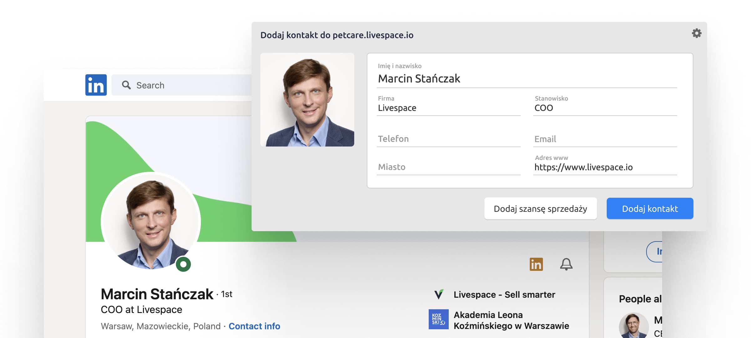 Wtyczka Livespace do dodawania kontaktów z LinkedIn