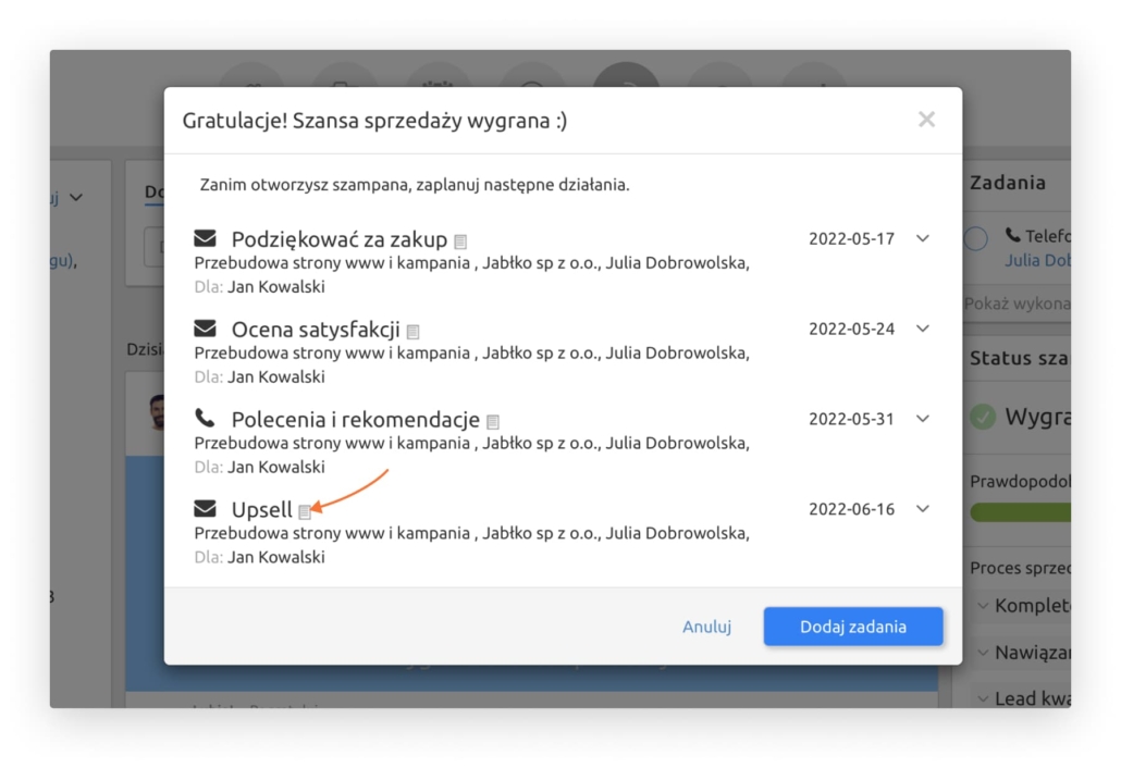 zadania upsellingowe w Livespace CRM