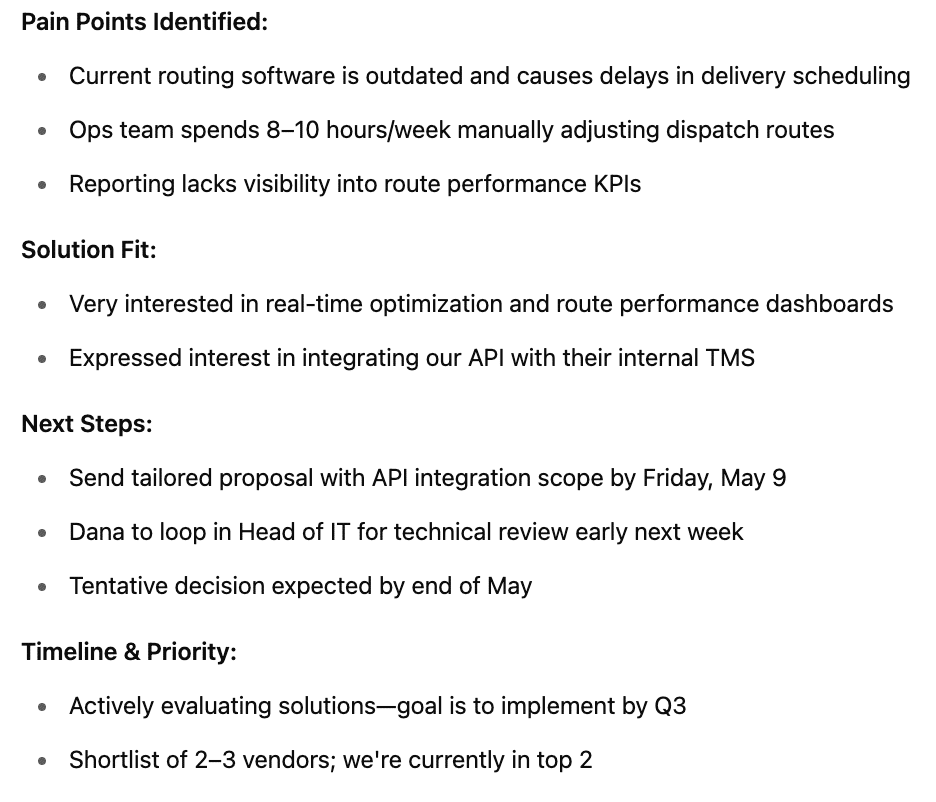 prompts for sales; an example of a call transcript summary