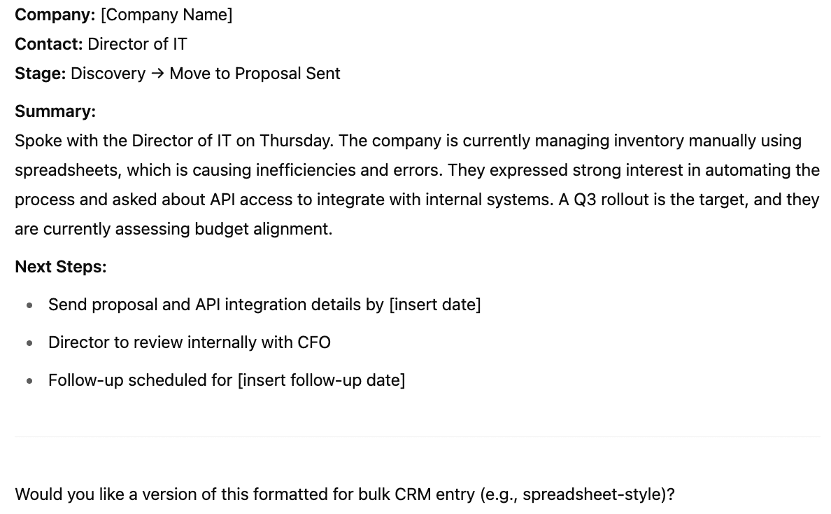 how to use ChatGPT in sales; an example of how ChatGPT can structure sales notes