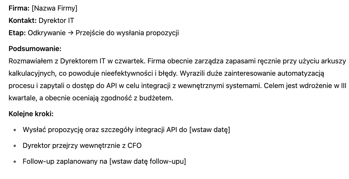 ChatGPT w sprzedaży; strukturyzowanie notatek przez handlowca