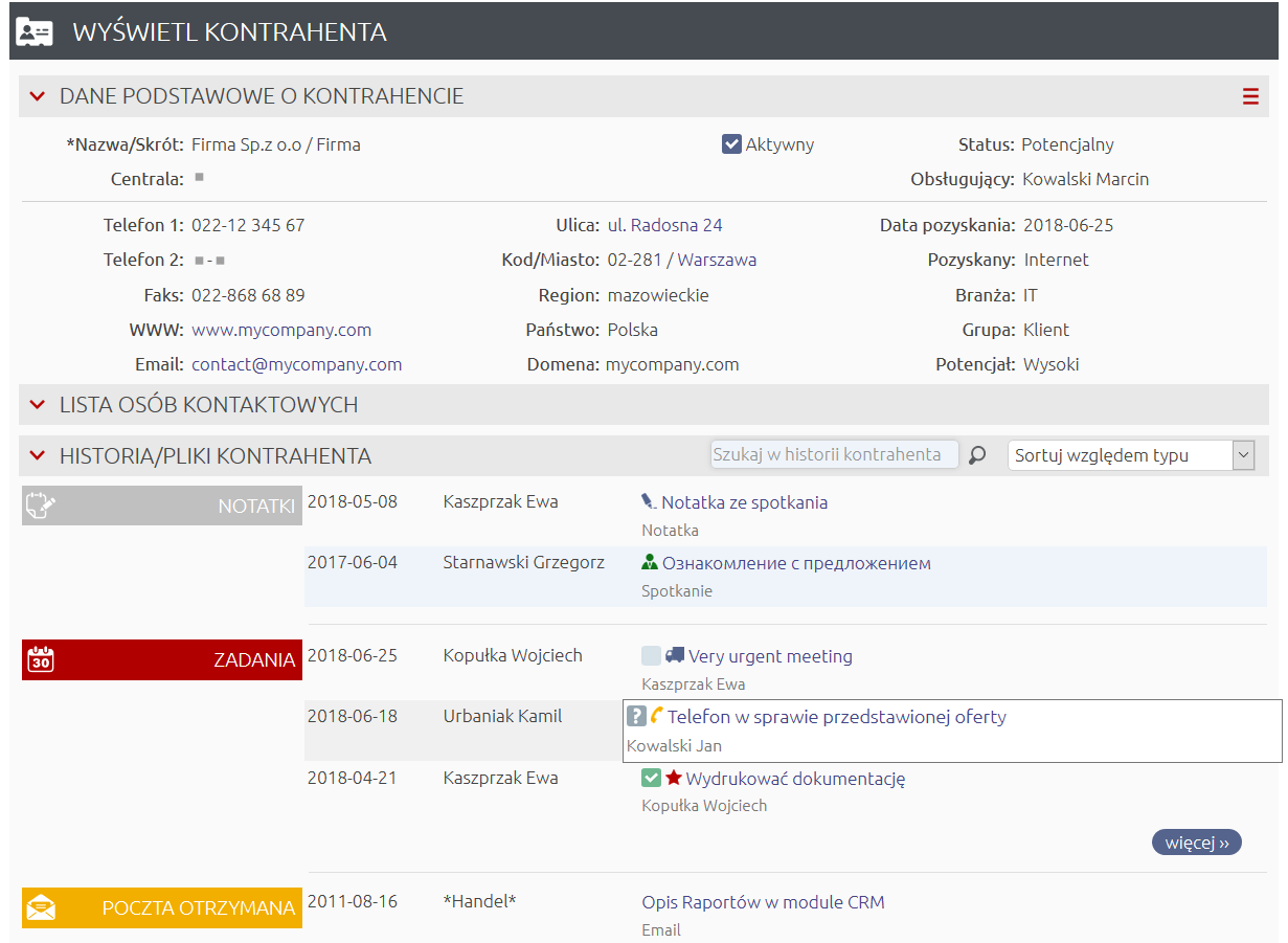 ITCube CRM dla firm; grafika pokazująca interfejs narzędzia z danymi o kontrahencie 