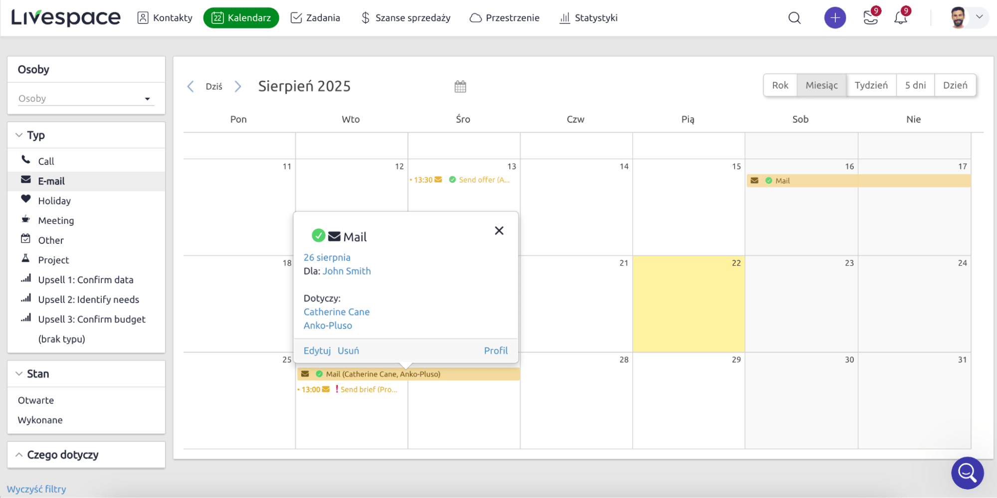 Screen z Livespace CRM, pokazujący widok kalendarza wraz z terminami umówionych rozmów i zaplanowanych działań. W porównaniu Raynet vs Livespace, Livespace wygrywa w opcjach komunikacji i współpracy