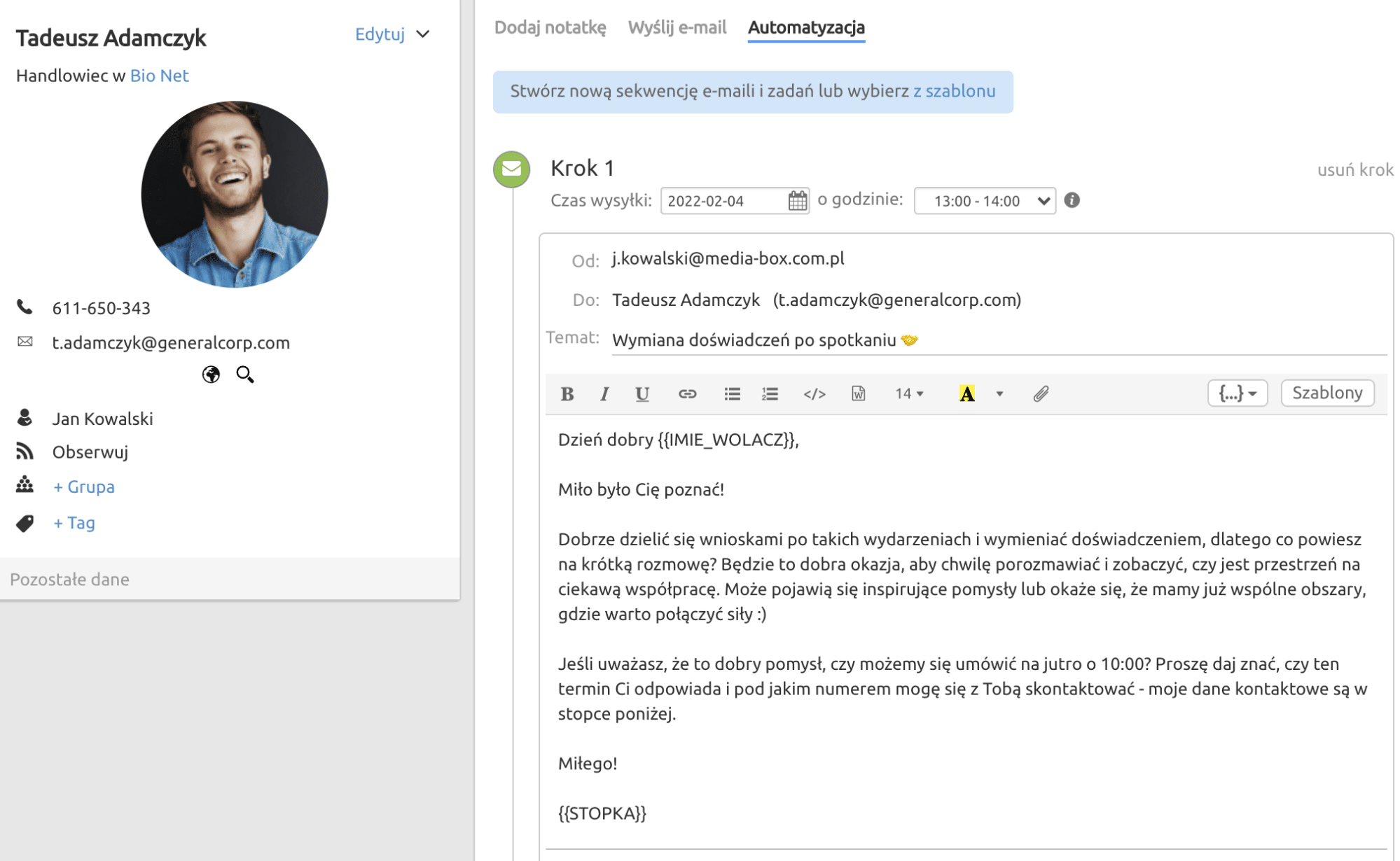  Interfejs Livespace CRM Excel z profilem kontaktu i sekwencją automatycznych e-maili dla leada sprzedażowego.