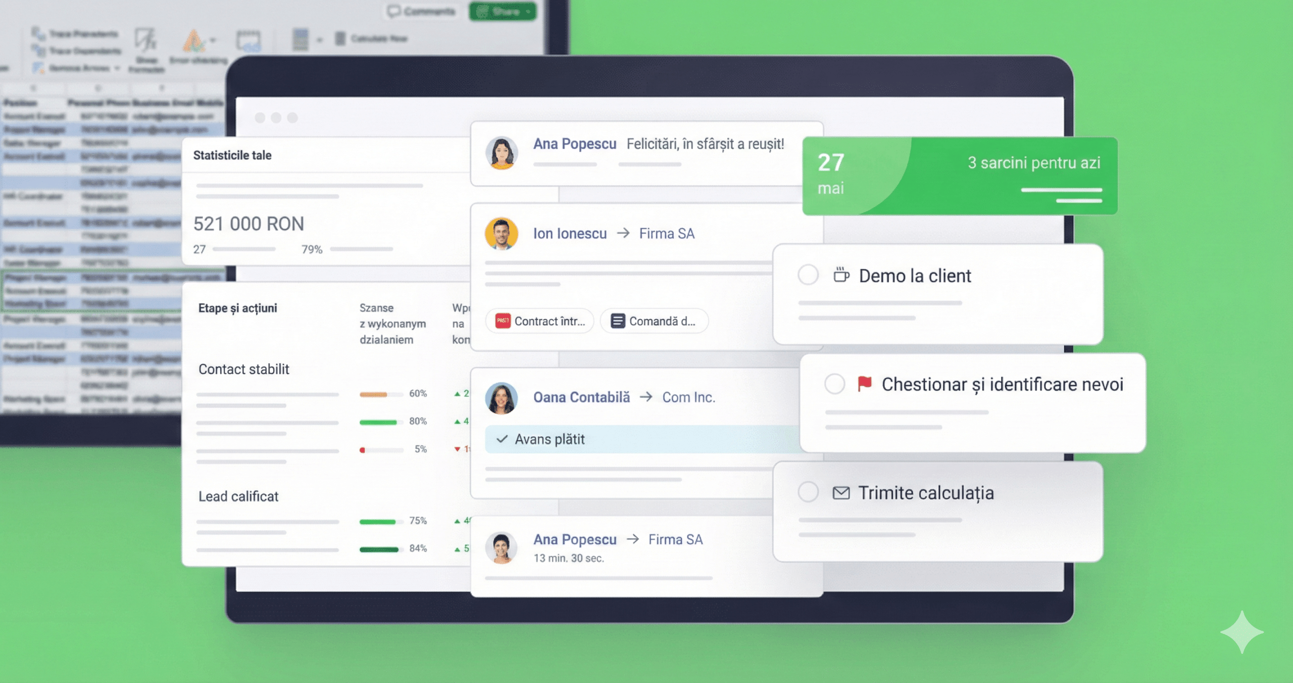 Captură de ecran a unui tablou de bord CRM în limba română, afișând statistici financiare, un pipeline de vânzări cu etape și o listă cu 3 sarcini zilnice pentru 27 mai.