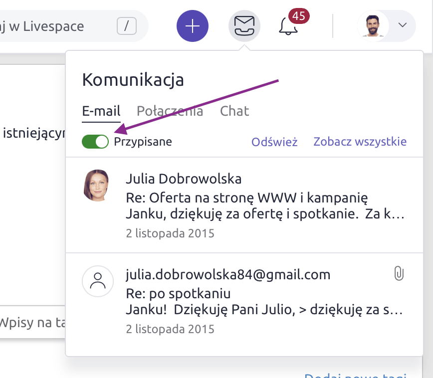 Moduł komunikacji CRM z przydzielonymi e-mailami, usprawniający pracę dla crm dla handlowca.