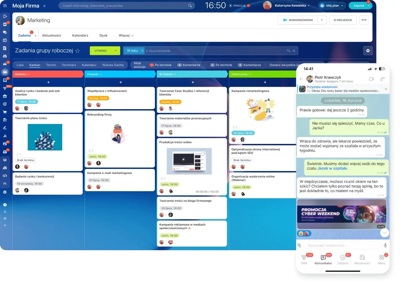 Bitrix24 – tablica Kanban z zadaniami marketingowymi oraz widok komunikatora na urządzeniu mobilnym